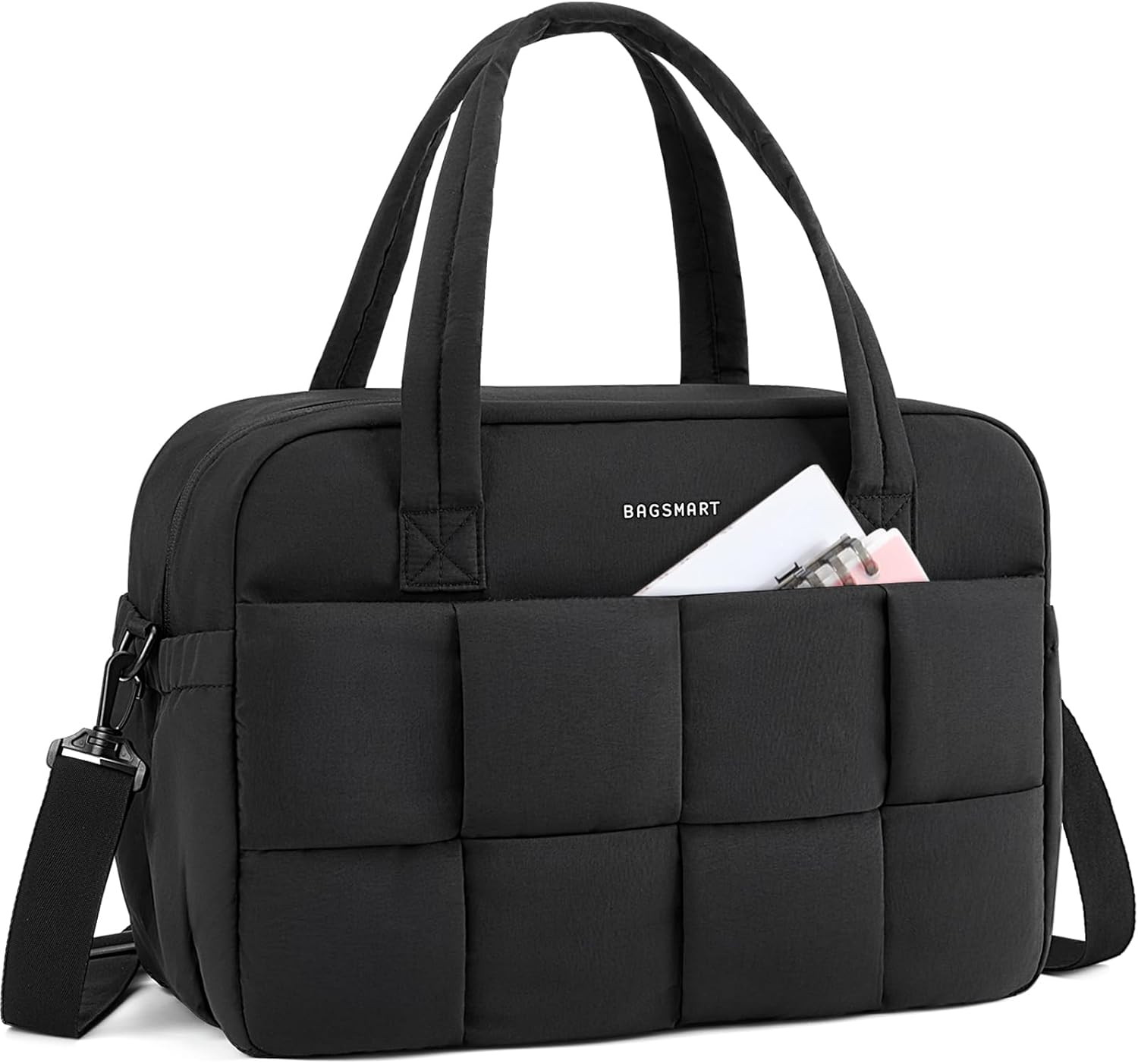 Gym Bag for Women, 29L Puffer Travel Duffle Bag for Travel with Laptop Compartment, Weekender Bags for Women, Carry On Duffel Bag Personal Item Bag, Black