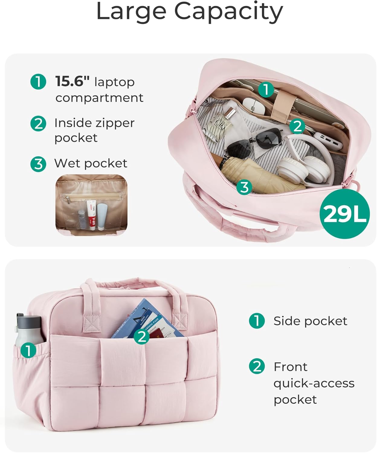Gym Bag for Women, 29L Puffer Travel Duffle Bag for Travel with Laptop Compartment, Weekender Bags for Women, Carry On Duffel Bag Personal Item Bag, Black - Image 5